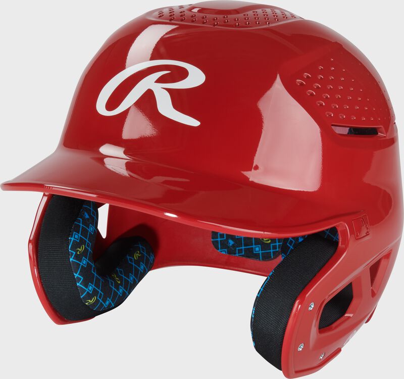 Front left of a scarlet Rawlings RX2 gloss baseball batting helmet