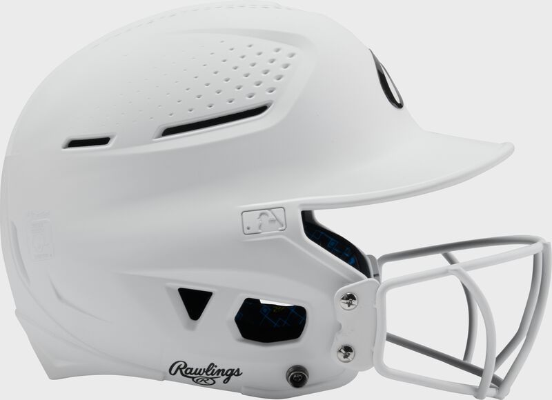 Right side of a white Rawlings RX2 fastpitch batting helmet