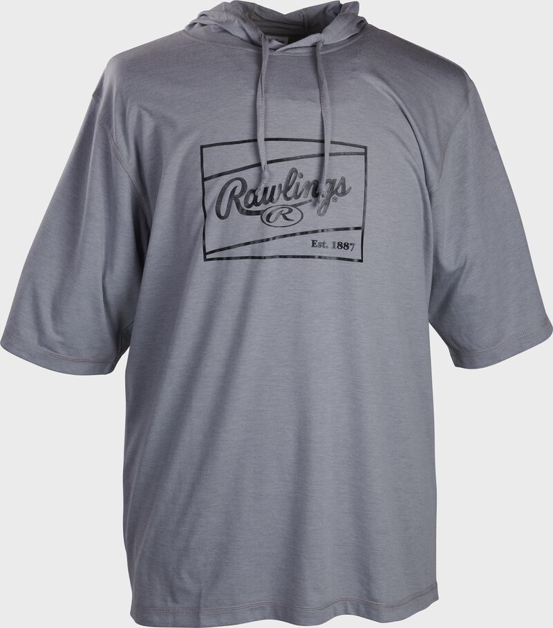 A gray Rawlings short sleeve hoodie with a black Rawlings patch logo outline - SKU: ACASSH-GR loading=