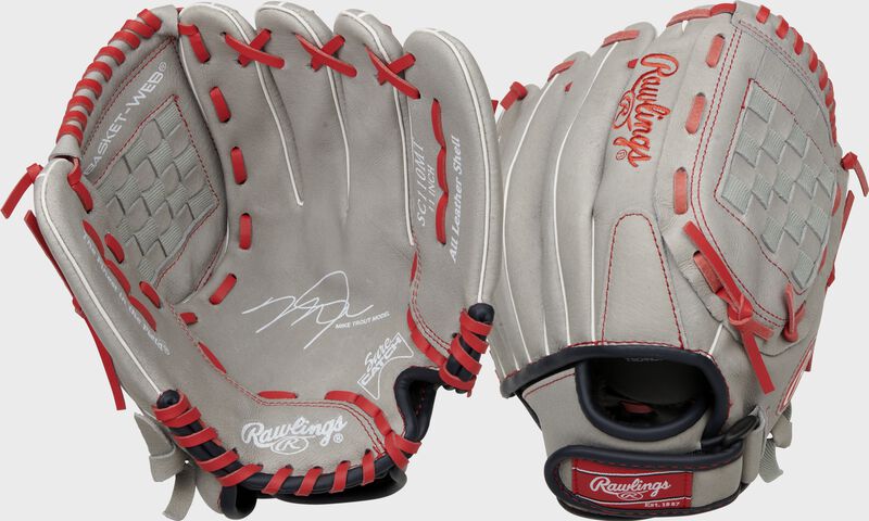 Two images showing the palm & back of a gray Sure Catch 11" Mike Trout Signature youth glove loading=