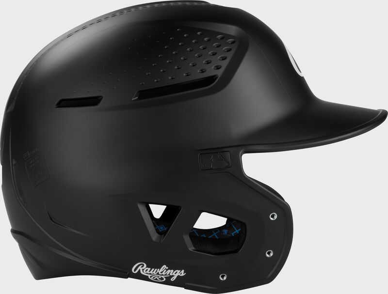 Right side of a black Rawlings RX2 batting helmet
