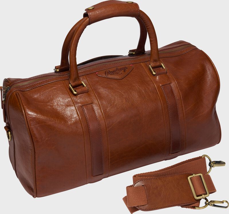 A tan Rawlings Home Run duffle bag with the shoulder strap