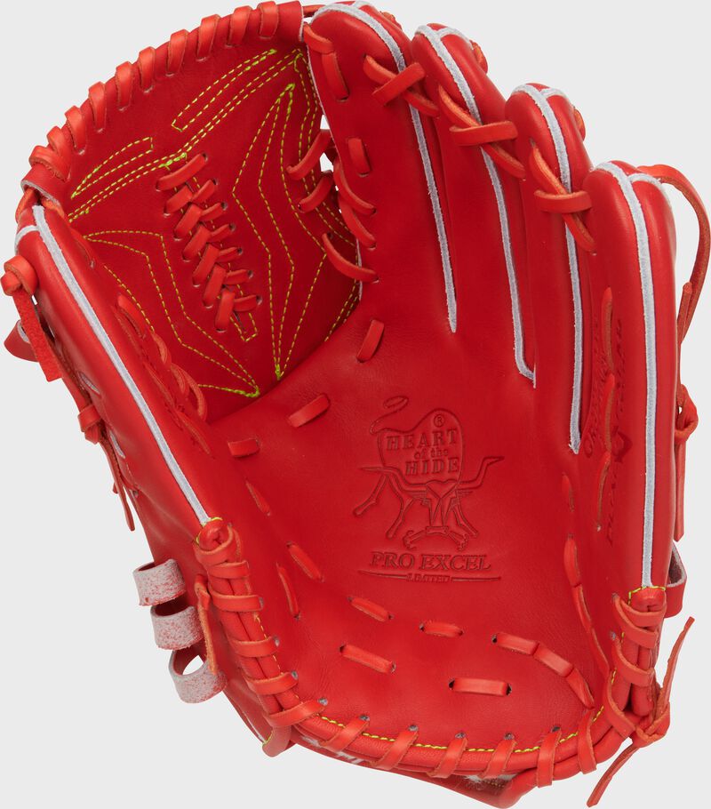 Palm of a red orange Rawlings Heart of the Hide Japan Series 11.75" glove