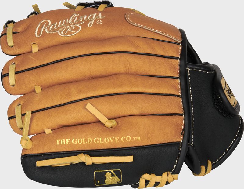 Back of a tan Rawlings Sure Catch youth glove with the MLB logo on the pinky - SKU: SC100TBI loading=