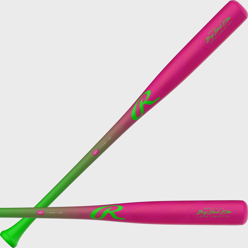 Two images of a pink/green Rawlings Big Stick Elite youth maple/bamboo wood composite bat