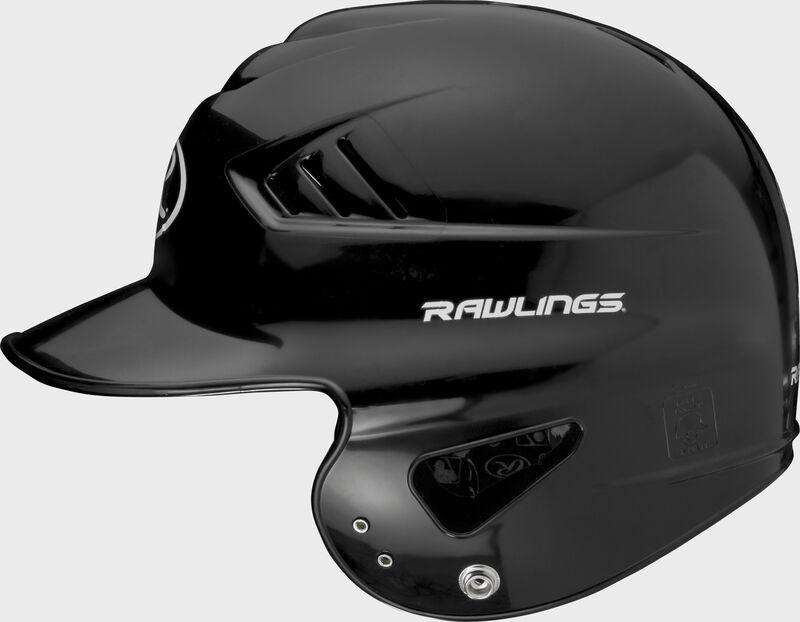 Left side of a black RCFTB Coolflo T-ball helmet with a Rawlings logo above the ear hole