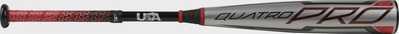 A Rawlings 2021 Quatro Pro USA bat with a Lizard Skins grip - SKU: US1Q8 loading=
