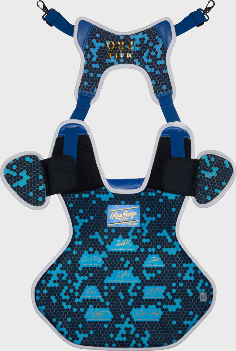 Back of a royal Rawlings Mach Pro Series chest protector with the harness up