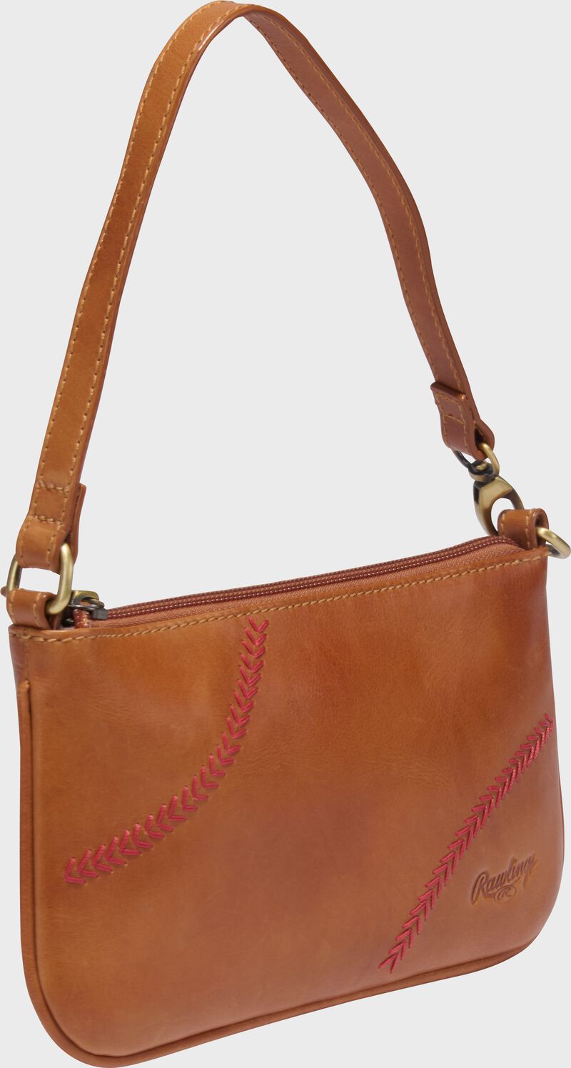 Front angle view of a tan Rawlings Double Play wristlet