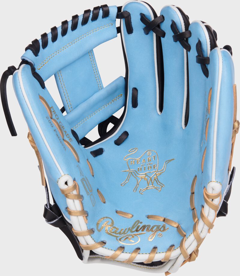 Columbia blue palm of a Rawlings Heart of the Hide R2G infield glove with navy laces and gold palm stamping - SKU: PROR205-2CB