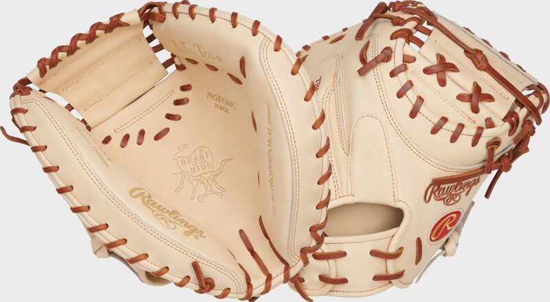 Two images showing the palm & back of a camel Rawlings Heart of the Hide 34-Inch catcher's mitt