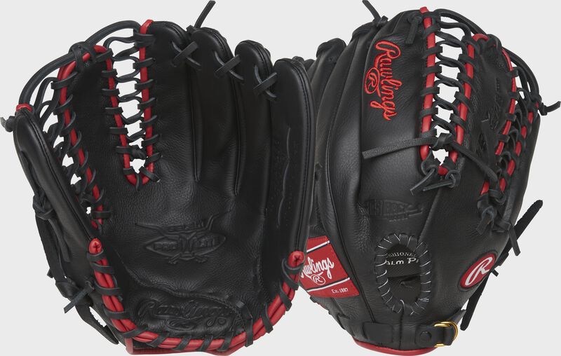 Two images showing the palm & back of a black Select Pro Lite 12.25" Mike Trout Youth glove loading=