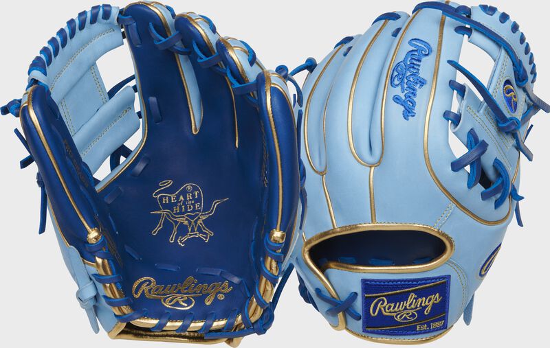Two images showing the palm & back of a royal/Columbia blue HOH R2G ContoUR Fit infield glove