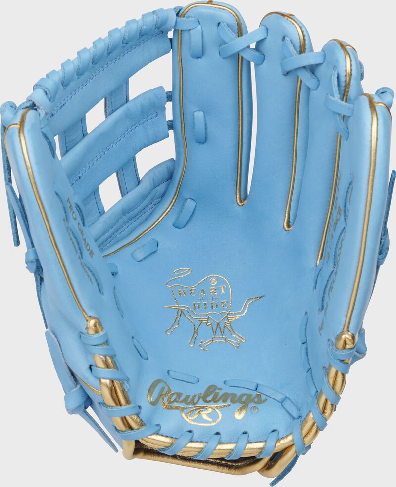 Palm of a Columbia blue Rawlings Kris Bryant Heart of the Hide infield glove with gold stamping and Columbia blue laces - SKU: RSGPROKB17-6CBG