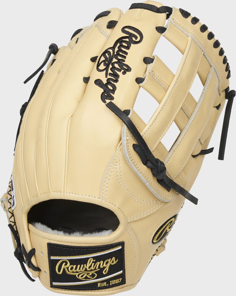 Back of a camel 12.75-Inch Pro Preferred outfield glove with a black Rawlings patch - SKU: PROS3039-6CSS