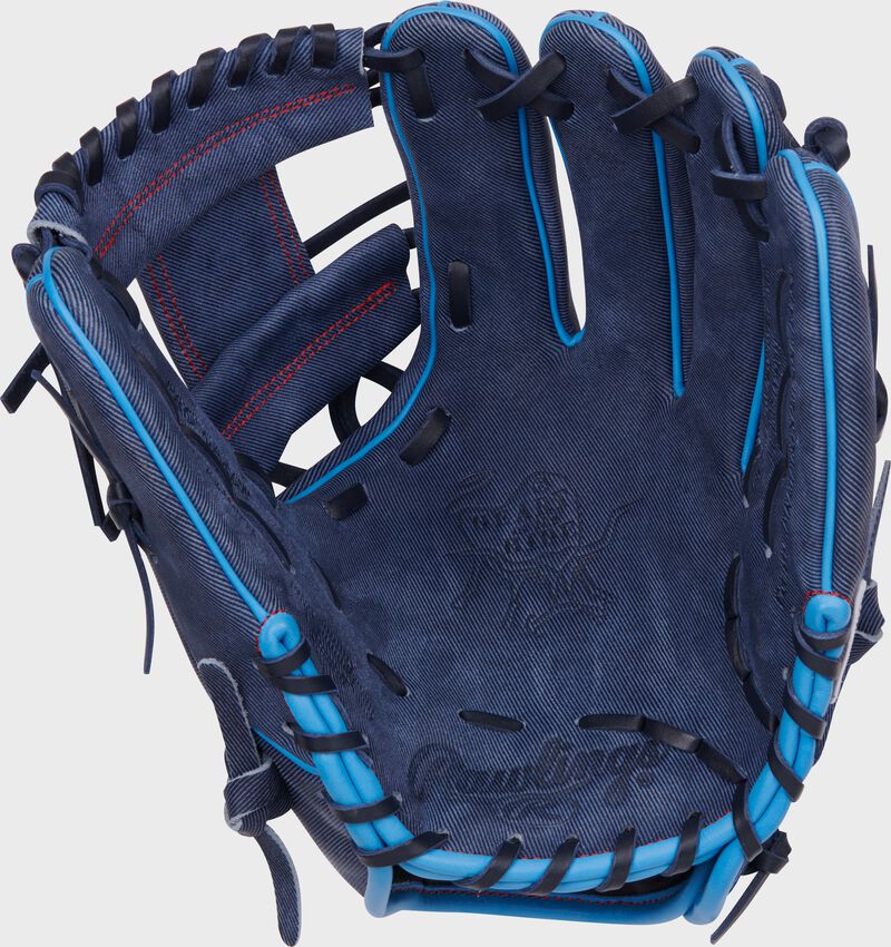 Navy palm of a Heart of the Hide Pro Label denim infield glove loading=