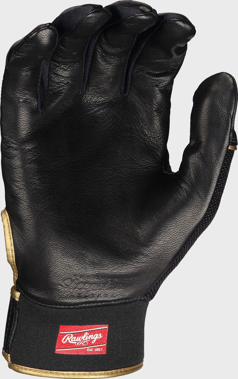 Black leather palm of a Rawlings Pro Preferred batting glove - SKU: PROPRFBG-BKBK loading=