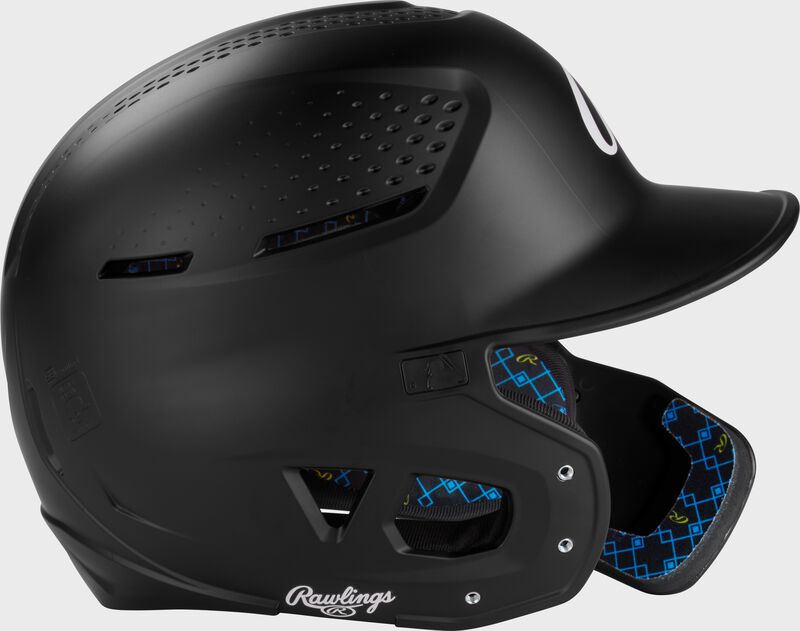 Right side of a black Rawlings RX2 Reverse batting helmet