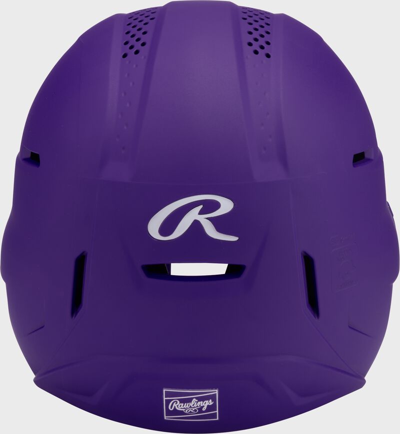 Back of a purple Rawlings RX2 fastpitch batting helmet