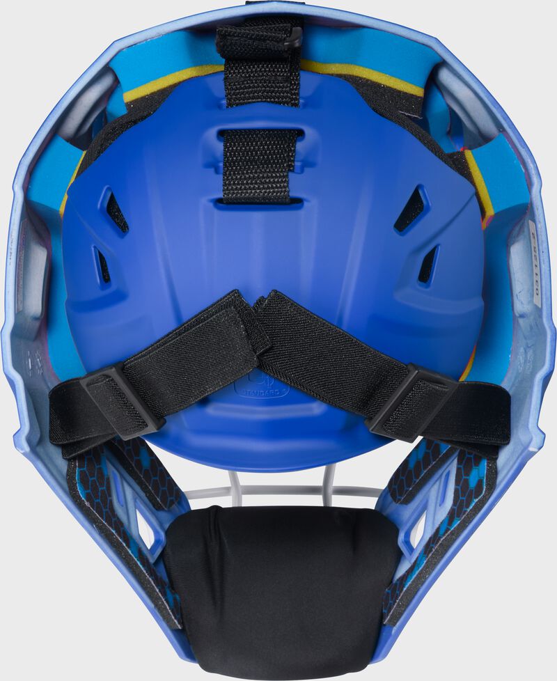 Back of a royal Rawlings Mach Pro Series catcher's helmet