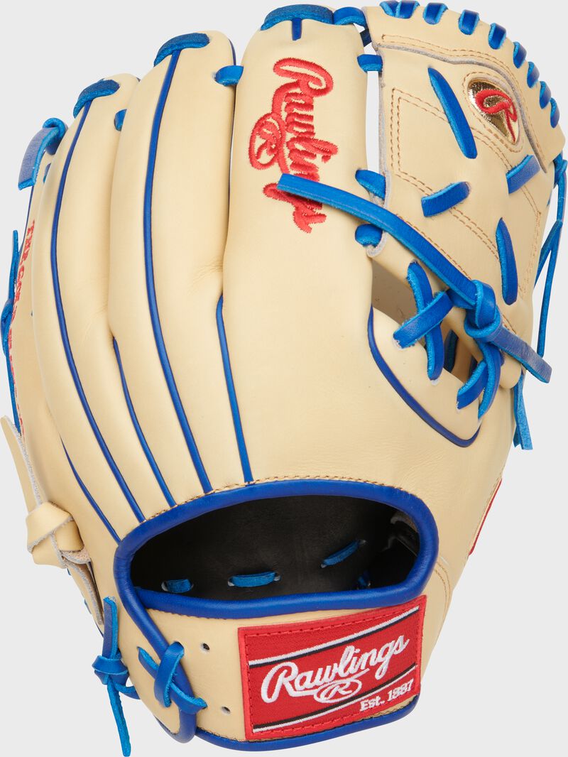 Back of a camel Heart of the Hide Gameday 57 1-piece solid web glove with a red Rawlings patch - SKU: RSGPRO2174-8JP loading=