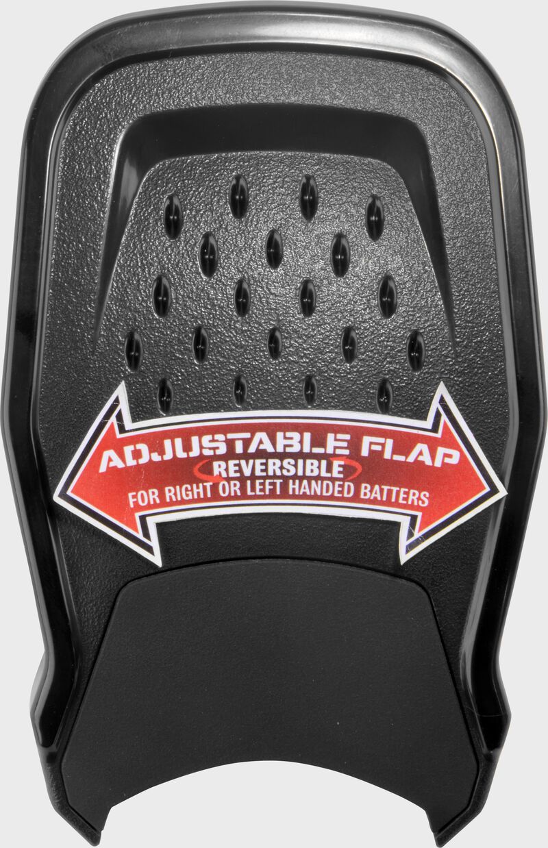 A black Rawlings RX2 Reverse adjustable batting helmet extension with a sticker showing the adjustability