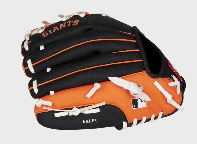 Back of a black/orange San Francisco Giants youth glove with the MLB logo on the pinky - SKU: 22000013111