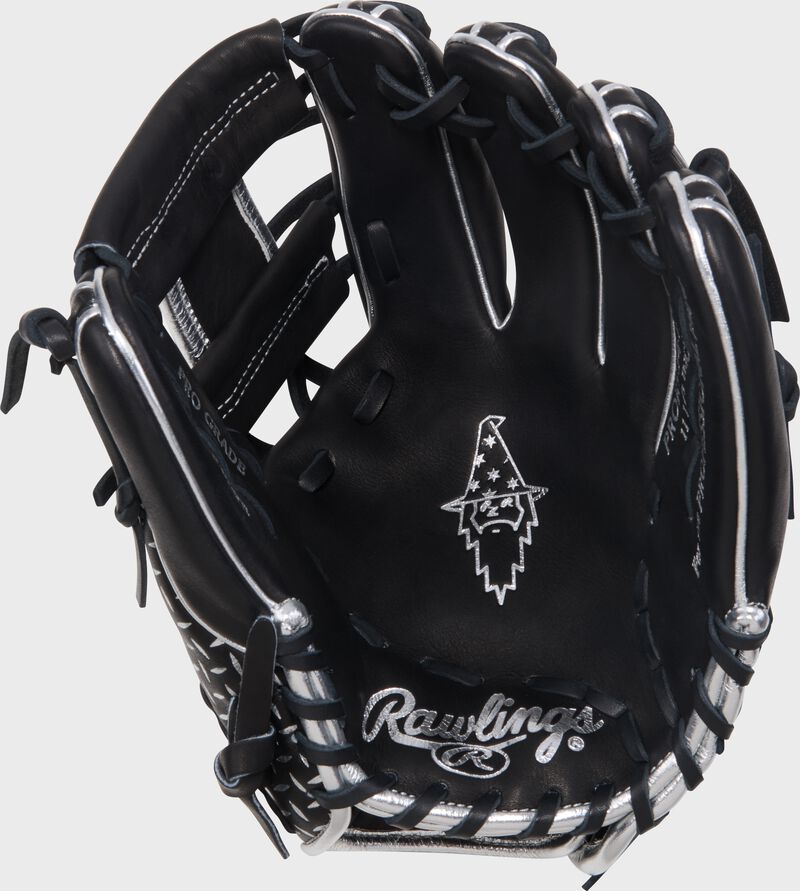 Black palm of a Rawlings x Bettinardi Heart of the Hide 11.5-Inch Infield Glove with the Bettinardi Wizard stamped on the palm