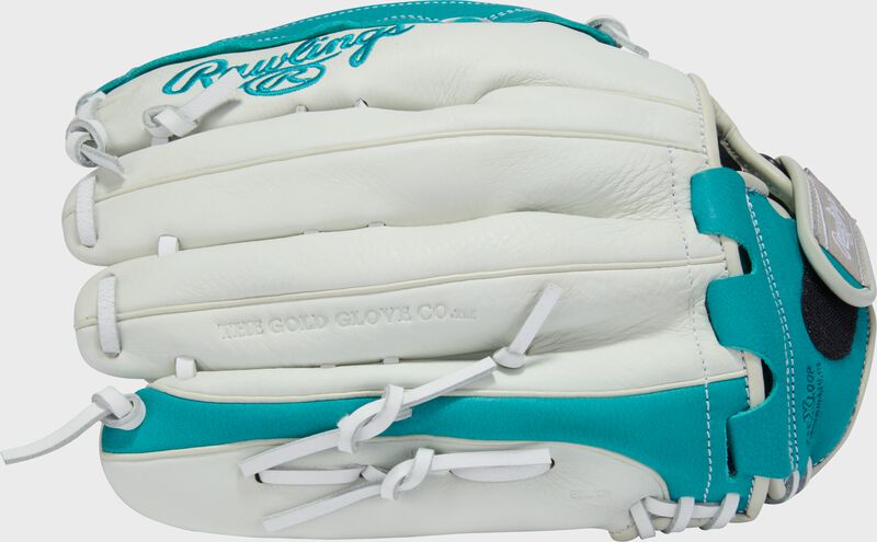 Finger backs of a white/teal Shut Out 13-inch Fastpitch Softball Glove
