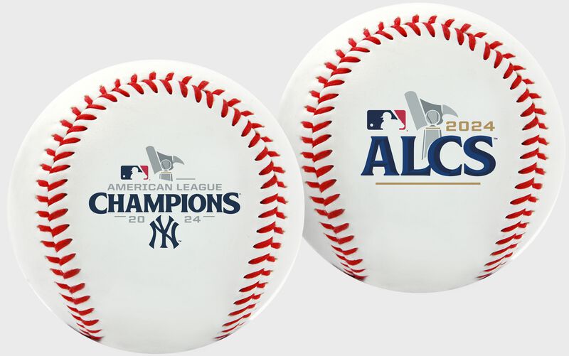 Two images showing two sides of a 2024 ALCS Champions replica baseball