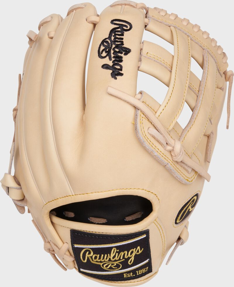 Back of a camel Heart of the Hide 12.25" H-web glove with a black Rawlings patch
