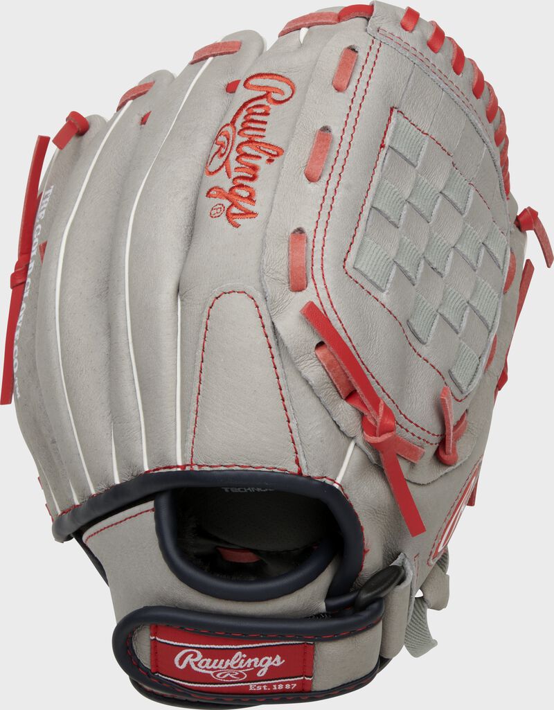 Back of a gray Mike Trout signature Sure Catch glove with a red Rawlings patch on the velcro wrist strap - SKU: SC110MT loading=