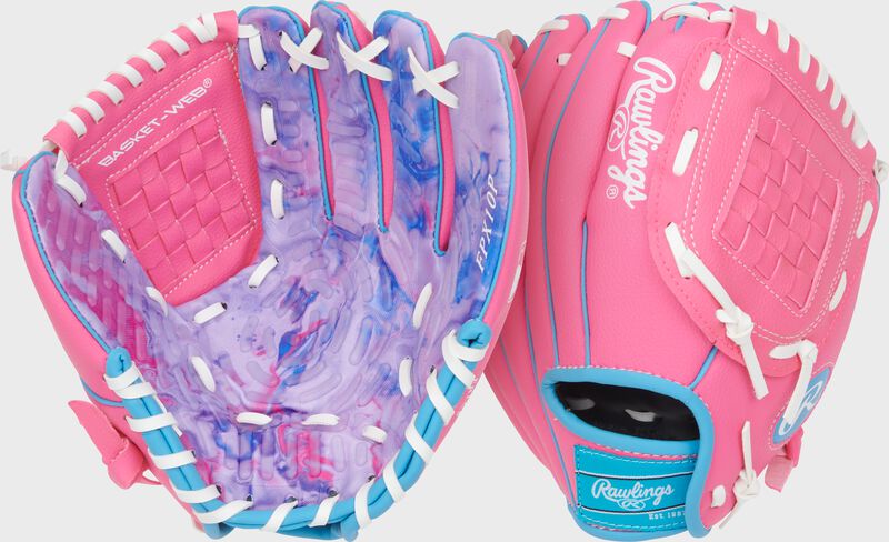 Two images showing the palm & back of a pink/tie dye Rawlings Flex Palm Series 10-inch Youth Softball Glove