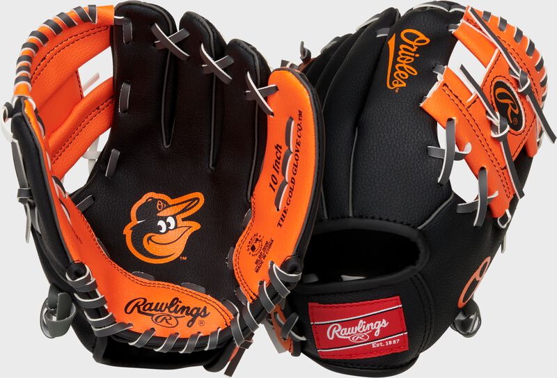 Two images showing the palm & back of a black Baltimore Orioles team logo youth glove