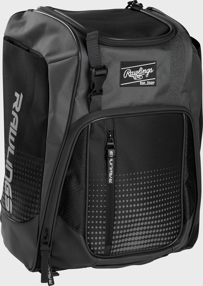 Front left angle of a black Rawlings Franchise bag with gray accents - SKU: FRANBP-B