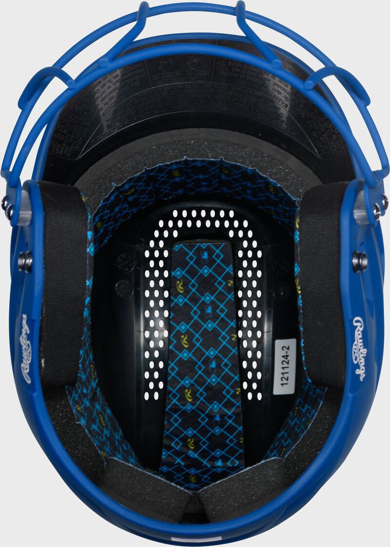 Inside padding of a royal Rawlings RX2 fastpitch batting helmet