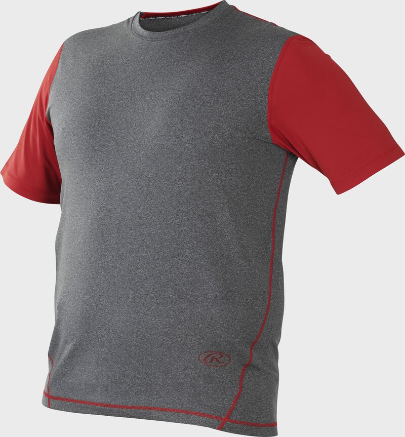 Front of Rawlings Gray/Scarlet Adult Hurler Performance Short Sleeve Shirt - SKU #HSS