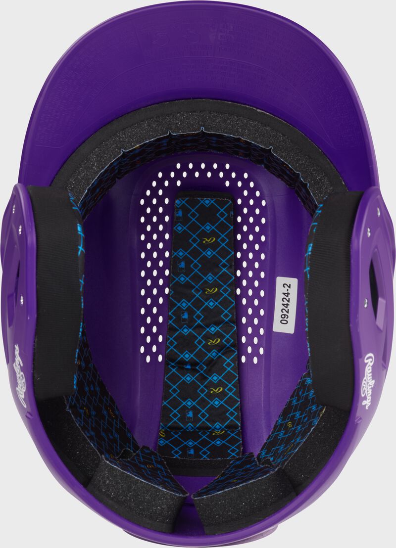 Inside padding of a purple Rawlings RX2 batting helmet