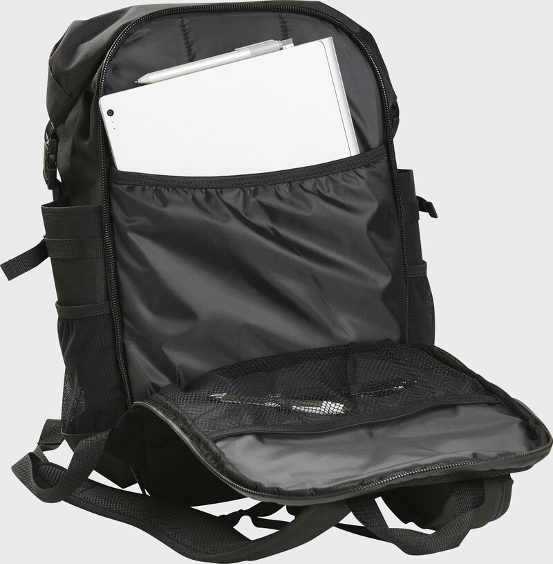 An open black CEO coach's backpack with papers in the back storage compartment - CEOBP-B