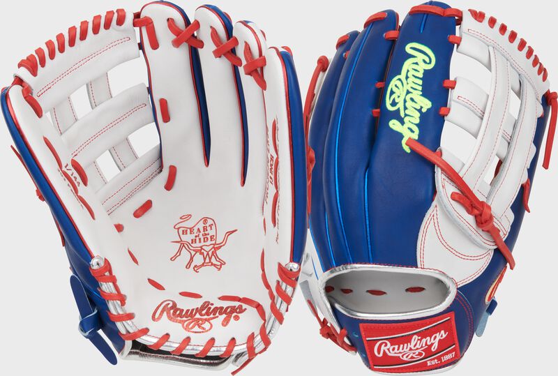 2 images showing the back & palm of a Luis Robert Gameday 57 Heart of the Hide outfield glove loading=