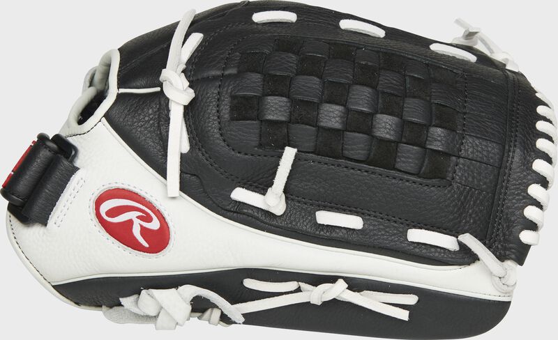 Thumb of a white/black RSO130BW Shut Out 13-inch outfield/pitcher's glove with a black basket web. loading=