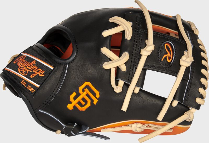 Thumb of a black 2021 San Francisco Giants Heart of the Hide glove with the Giants logo on the thumb - SKU: RSGPRO204-2SFG loading=