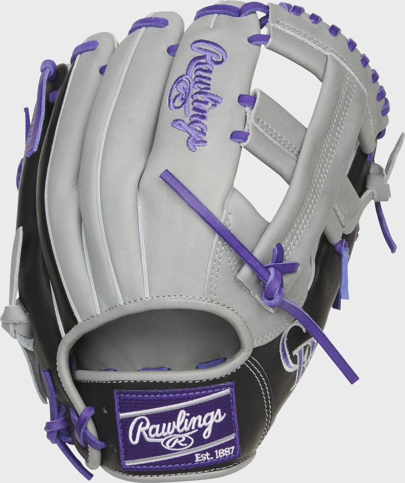 Gray back of a Colorado Rockies Heart of the Hide infield glove with a purple Rawlings patch - SKU: RSGPROTT2-20COL