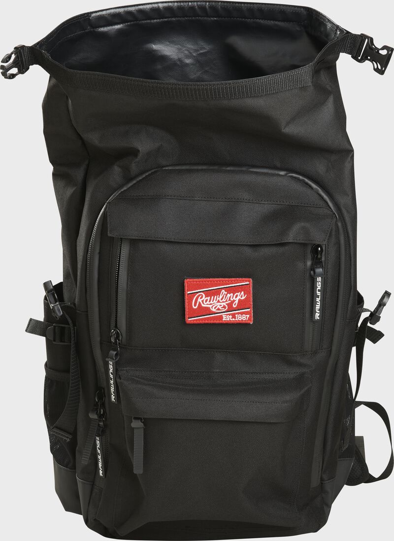 A black Rawlings CEO backpack with the roll top compartment opened up - SKU: CEOBP-B