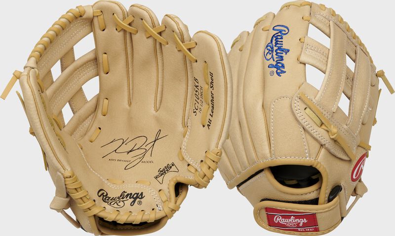 Two images showing the palm & back of a camel Sure Catch 10.5" Kris Bryant signature youth glove