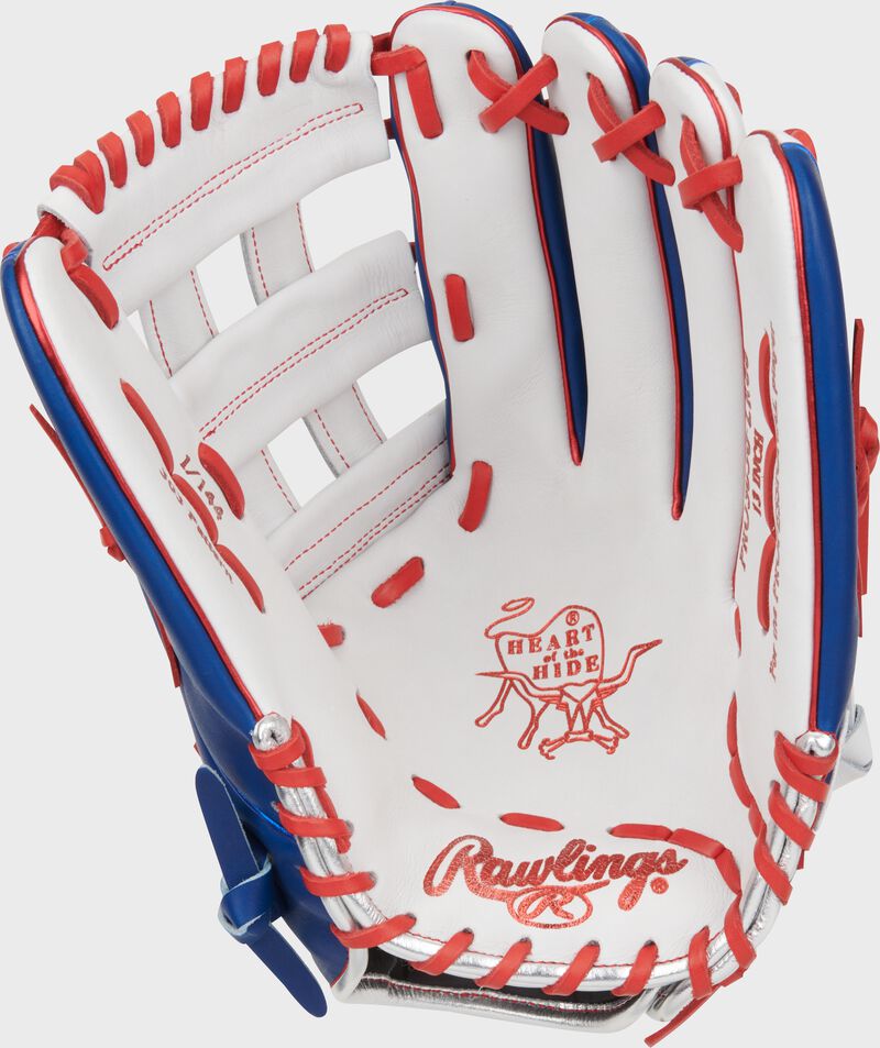 White palm of a Rawlings Heart of the Hide Gameday 57 Series glove with scarlet palm stamping and scarlet laces loading=