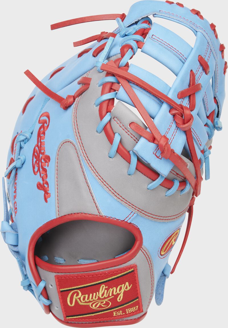 Back of a Columbia/gray blue HOH R2G first base mitt with a red Rawlings patch - SKU: PRORDCTGCB