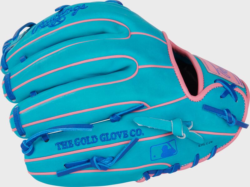 Back of a Heart of the Hide Vibrant Series 11.5" teal infield glove with the MLB logo on the pinky