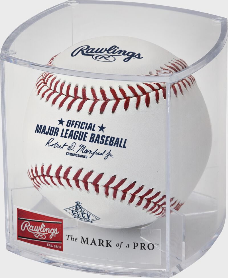 A 2021 Los Angeles Angels 60th anniversary baseball in a clear display cube - SKU: EA-ROMLBLAA60-R
