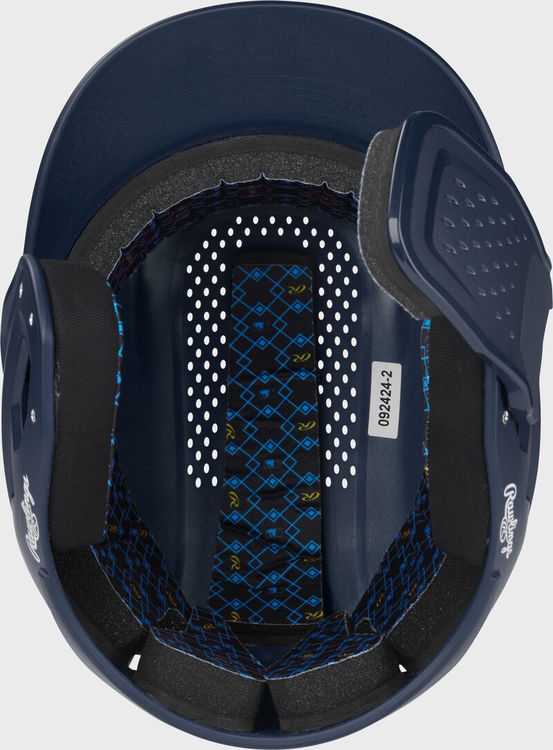 Inside padding of a navy Rawlings RX2 Reverse batting helmet